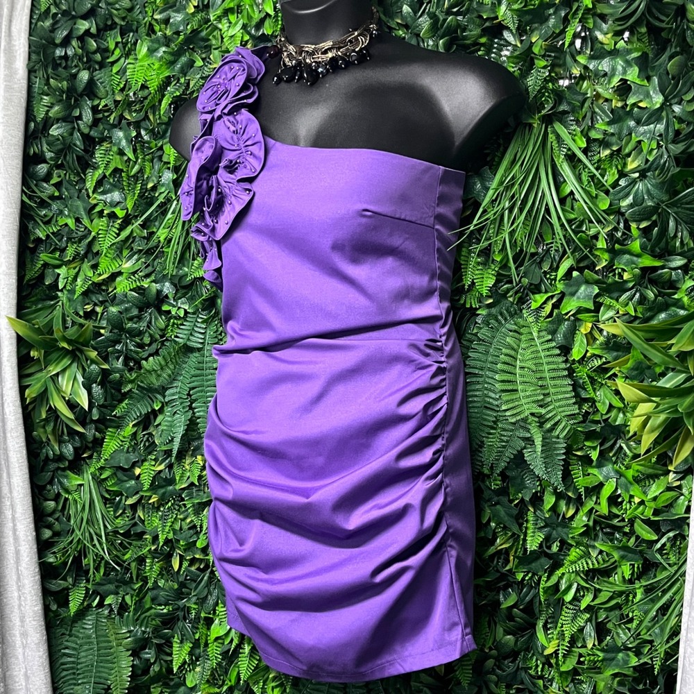 Lovey Dovey Dress Purple One Shoulder Mini Ruffle Cocktail Party‎ 3065